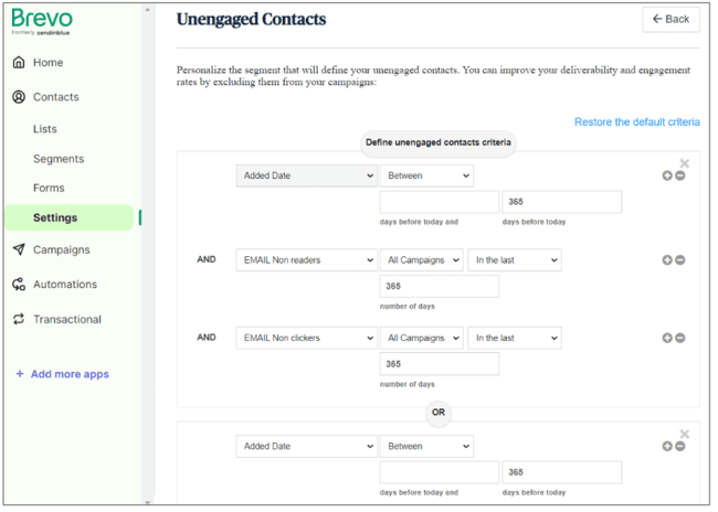 Brevo unengaged contacts segment