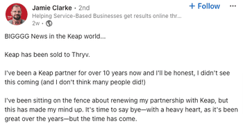 Mensaje de Jamie Clarke en Linkedin sobre su marcha de Keap