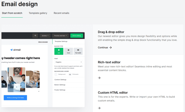 options for creating emails in MailerLite vs Mailchimp
