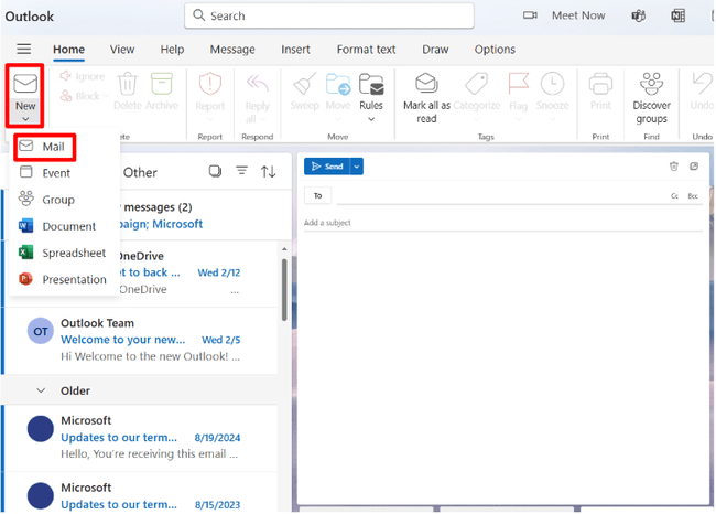 Página de inicio de la aplicación web de Outlook